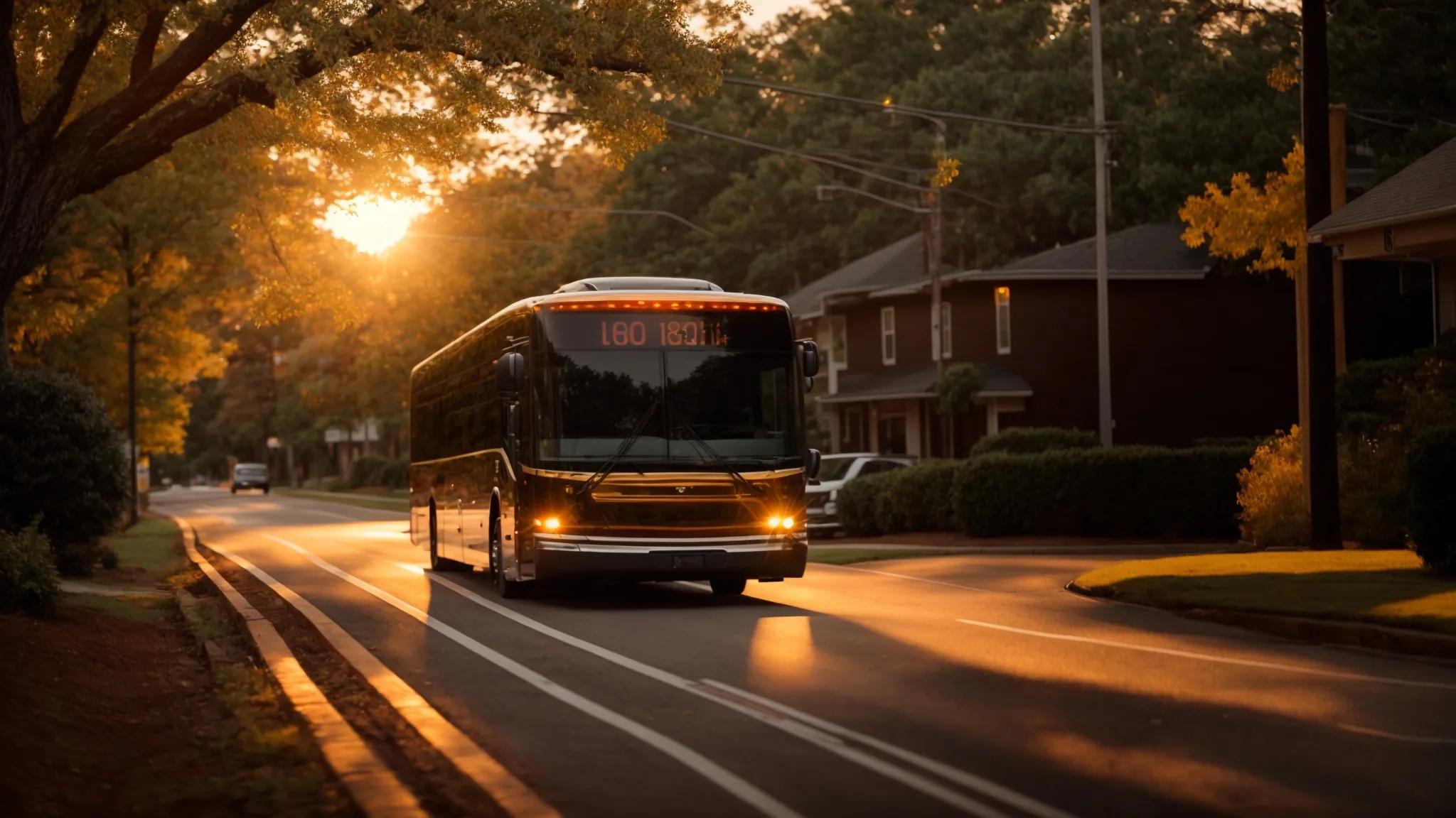 a sleek, modern charter bus glides down a tree-lined street in acworth, georgia, bathed in the warm glow of a golden sunset that enhances the vibrant colors of the surroundings.